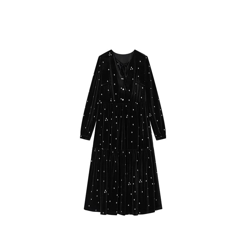 Xiangying Black Velvet Embroidered A-Line Dress S