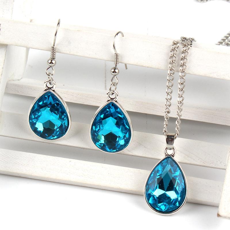 1set Vintage Water drop Pendant Necklace & earrings Fashion Jewelry blue
