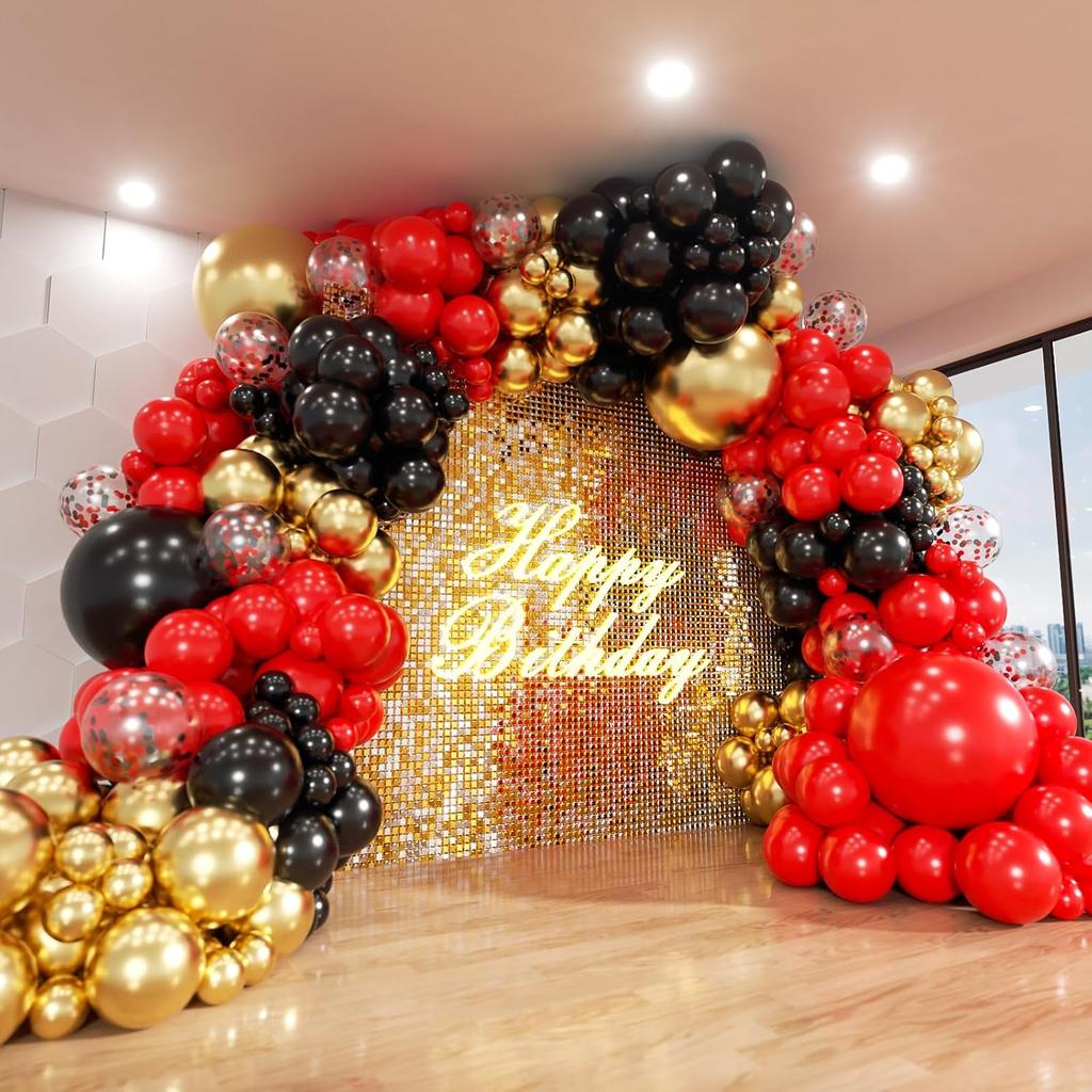 187/140pcs Red, Black, and Gold with Exploding Star Balloon Arch Set, Suitable for Birthday and Christmas Decoration