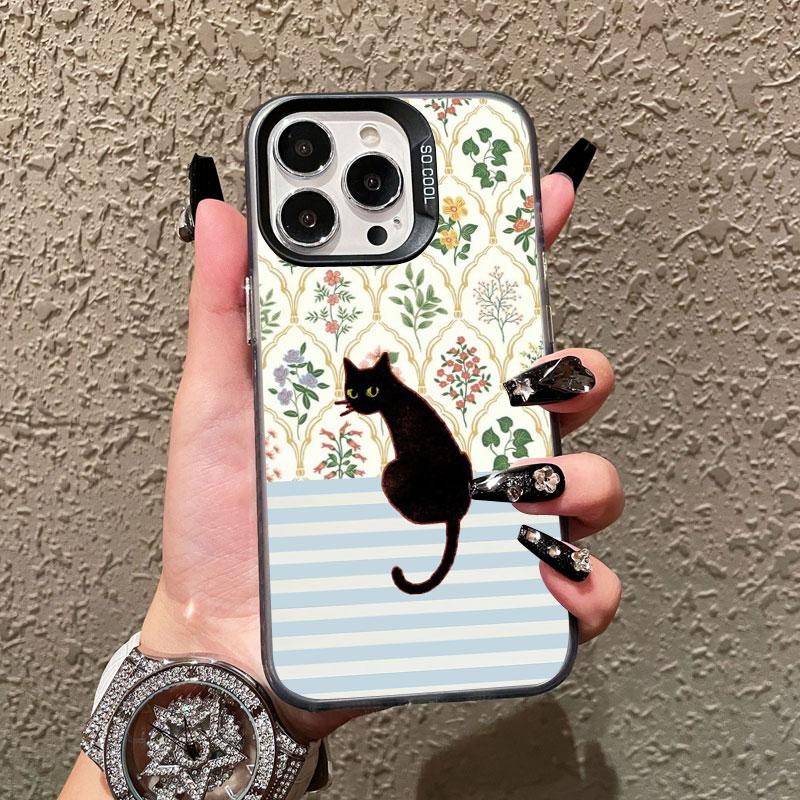 Striped Coffee Cat Laser Phone Case For iPhone 17 16 Pro Max 15 14 Pro Max Plus 13 Mini 12 11 Pro Max Shockproof Black Covers