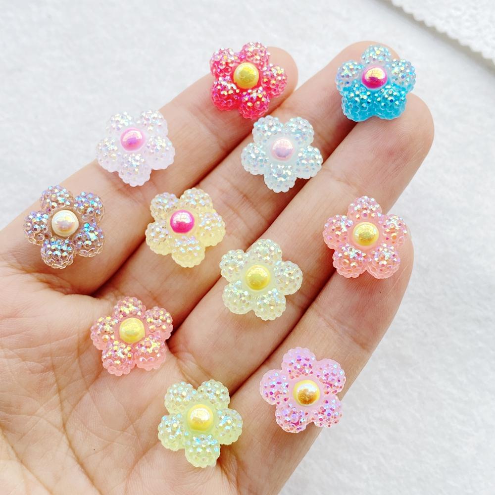 30pcs Colorful Resin Kawaii Cute Shiny Flowers Nail Art Flat Back Stone Figurines Scrapbook  DIY Manicures Appliques Crafts