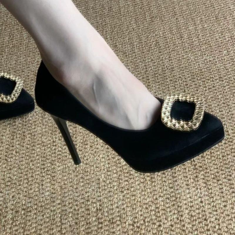 Fashion Spring Fall 2025 Platform Women's High Heels Square Buckle Pointed Toe Shoes