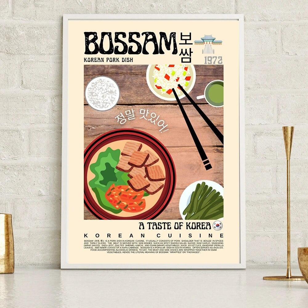 Gimbap Kimchi Bibimbap Poster Retro Style Korean Food Vintage Wall Art Pictures Cuisine Modern Kitchen Decor Prints Painting No Frame