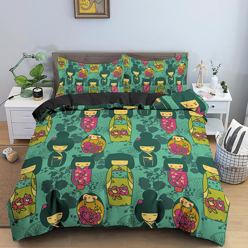 Japanese Doll Printed King Queen Duvet Cover Cartoon Lucky Cat Bedding Set For Kids Girls Fan White 2/3PCS Polyester Quilt Cover