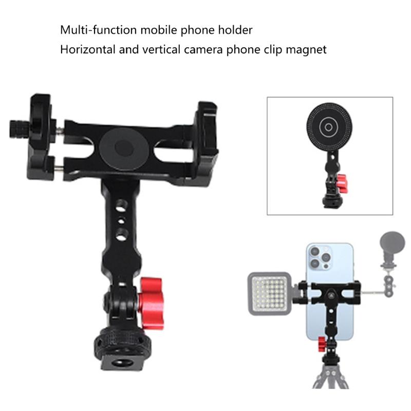 Magnetic Phone Holder Tripod Mount Clamp Aluminum Alloy with Cold Shoe Mount 1/4 " Screw for Smartphone