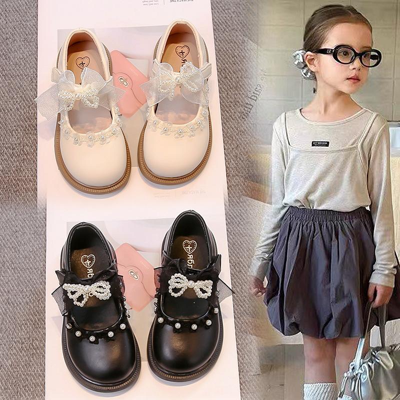 Girls princess leather shoes 2025 spring and autumn new children's foreign soft-soled single shoes pearl bow girls performance shoes