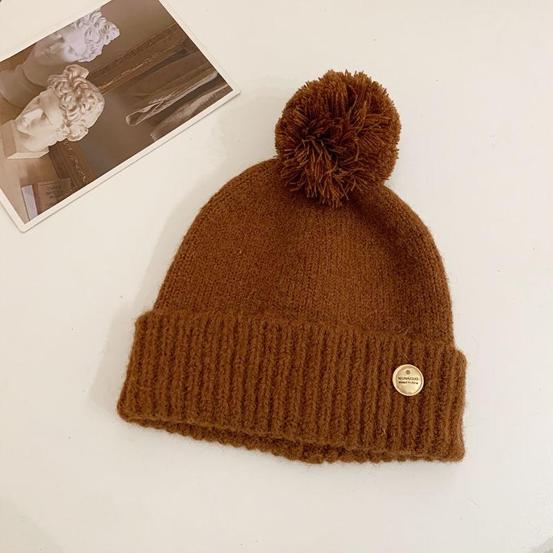 Wool Ball Knitted Head to head Hat for Women in Autumn and Winter Large Head Circumference Warm Woolen Hat That Shows Face and Is Versatile One size