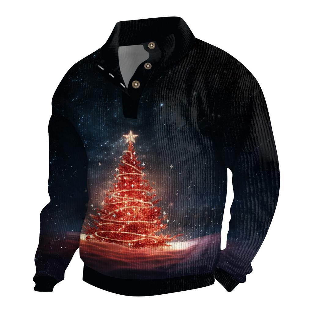 Men's Christmas Cotton Pullover Long Sleeve Outdoor Shirt Vintage Corduroy Button Stand Collar Shirt Casual Sweatshirt Christmas Print Top