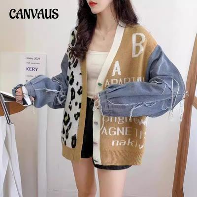 Autumn and Winter Women's Denim Splicing Knitted Cardigan Jacquard Fashion Jacket Tide