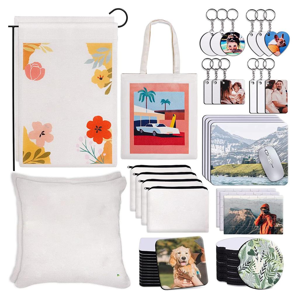 77PCS Sublimation Blank Set Heat Transfer Print Keychain Blanks for Makeup Bag Pillow Cover Mouse Pa