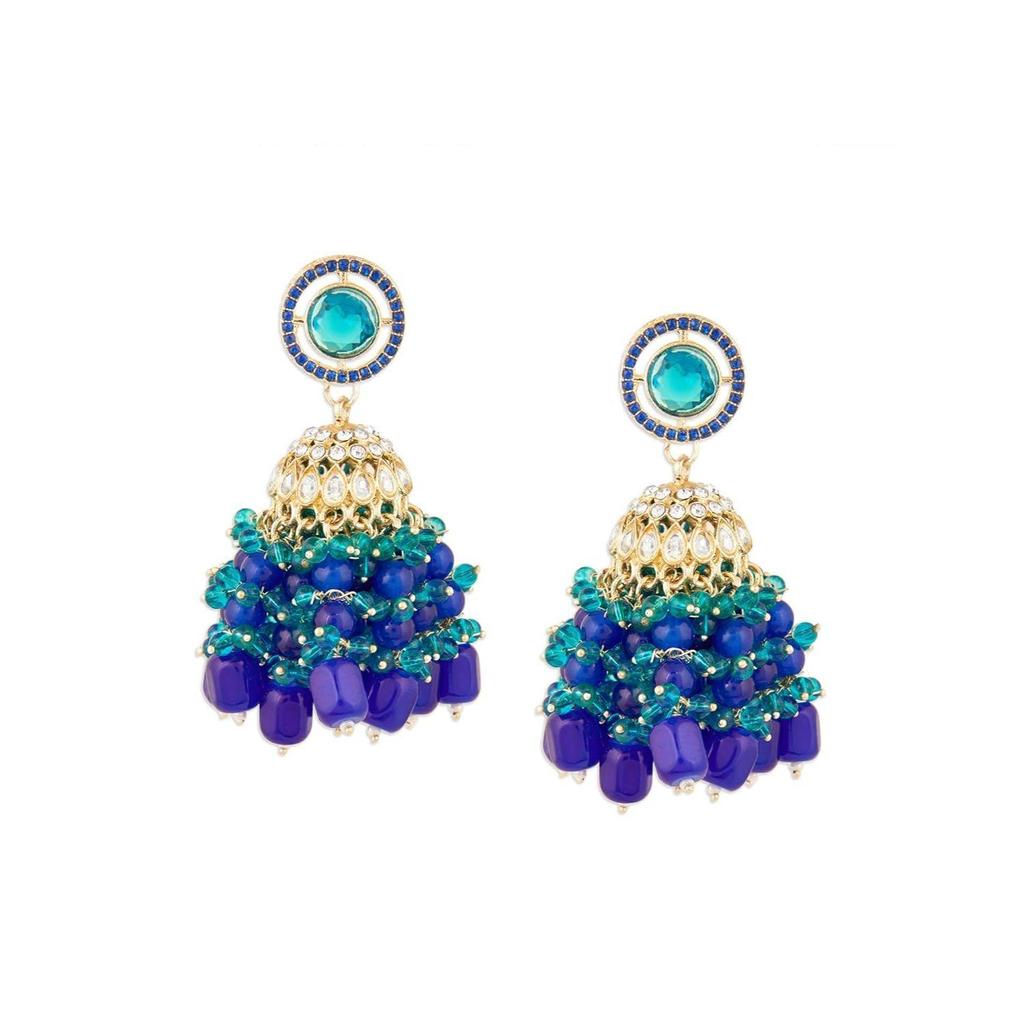 Blue Green Stones Cluster Beads Diamonds Choker Necklace & Earring Set For Women