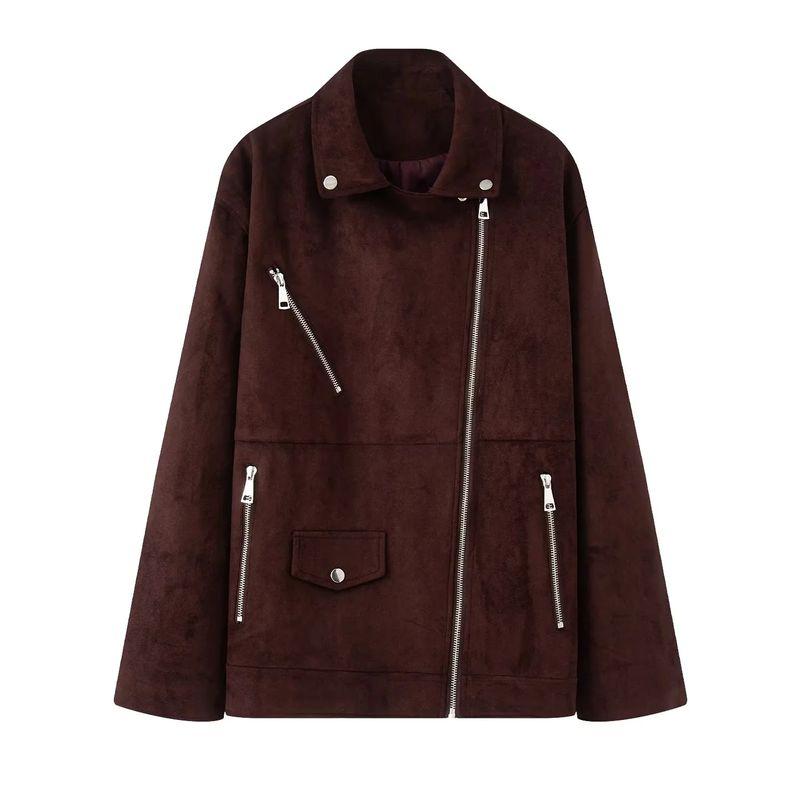 

Осенняя женская одежда Двубортная Металлическая молния Декор Лацкан Эффект замши Мотоциклетная куртка 3046284 Burgundy L