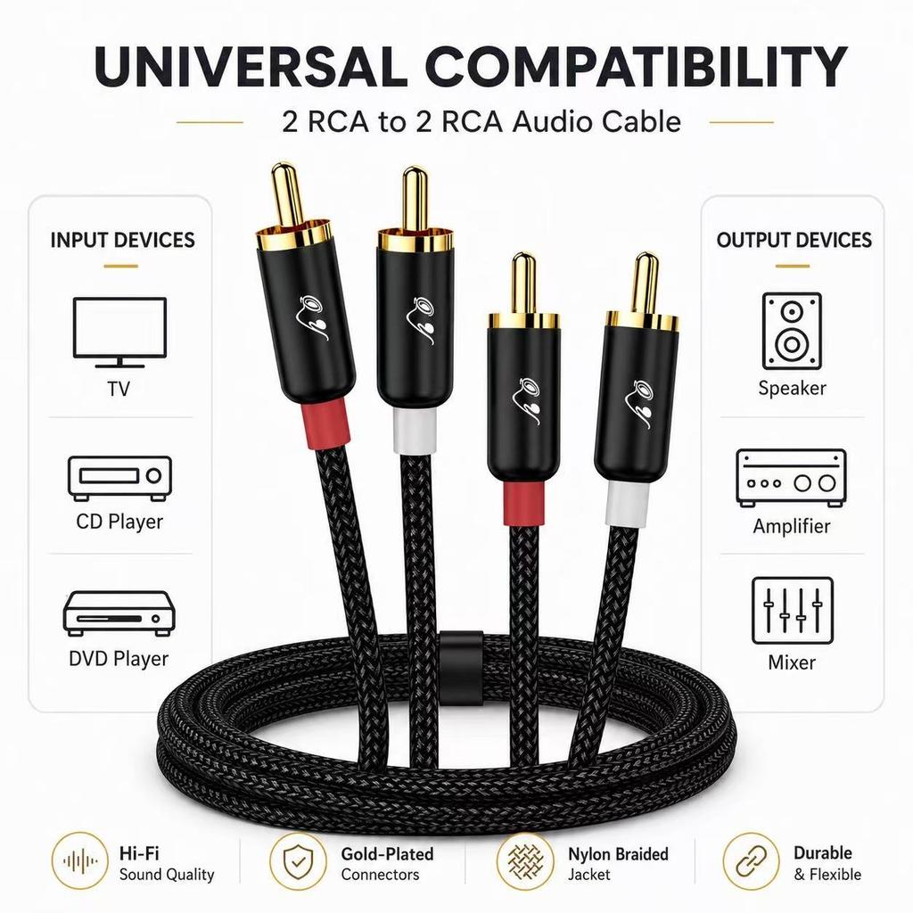 RG 2 RCA to 2 RCA Audio Cable Male to Male Stereo AV Cord Gold-Plated HiFi Cable for Speaker Amplifier TV DVD PlayerGood product