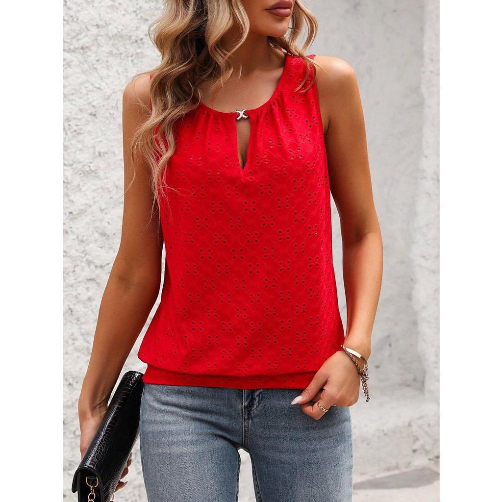 Ladies' Elegant Sleeveless Vest -Semi Transparent Round Neck Lightweight Top, Medium Stretch Casual, Sleeveless Butterfly Pattern, Non Transparent