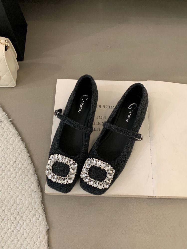 Rhinestone Velvet New Women'S Fashion Versatile Thick Heel Single Shoes Warm Spring Skirt Mary Jane High Heels