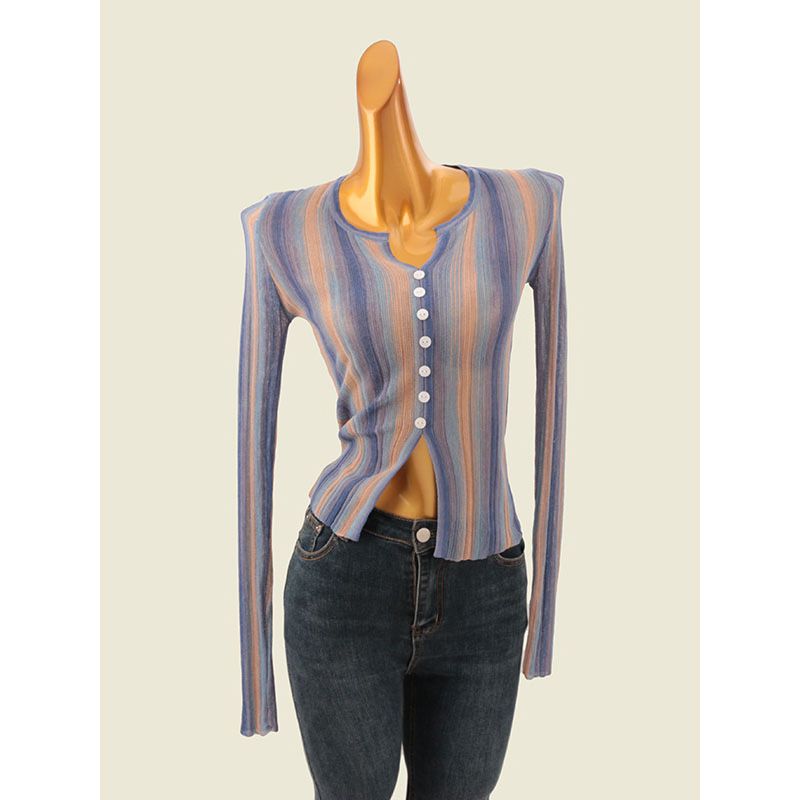 Vertical Stripes Gradient V Neck Tops Summer Thin Silm Single Row Button Women's Knitted Sweater Breathable Sun Protection Shirt