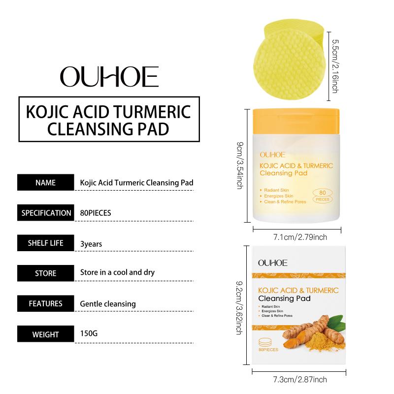 Ouhoe Turmeric Kojic Acid Exfoliating Cleansing Pads Fade Dark Spot Oil Brightening Moisturizing Whitening Facial Sponges