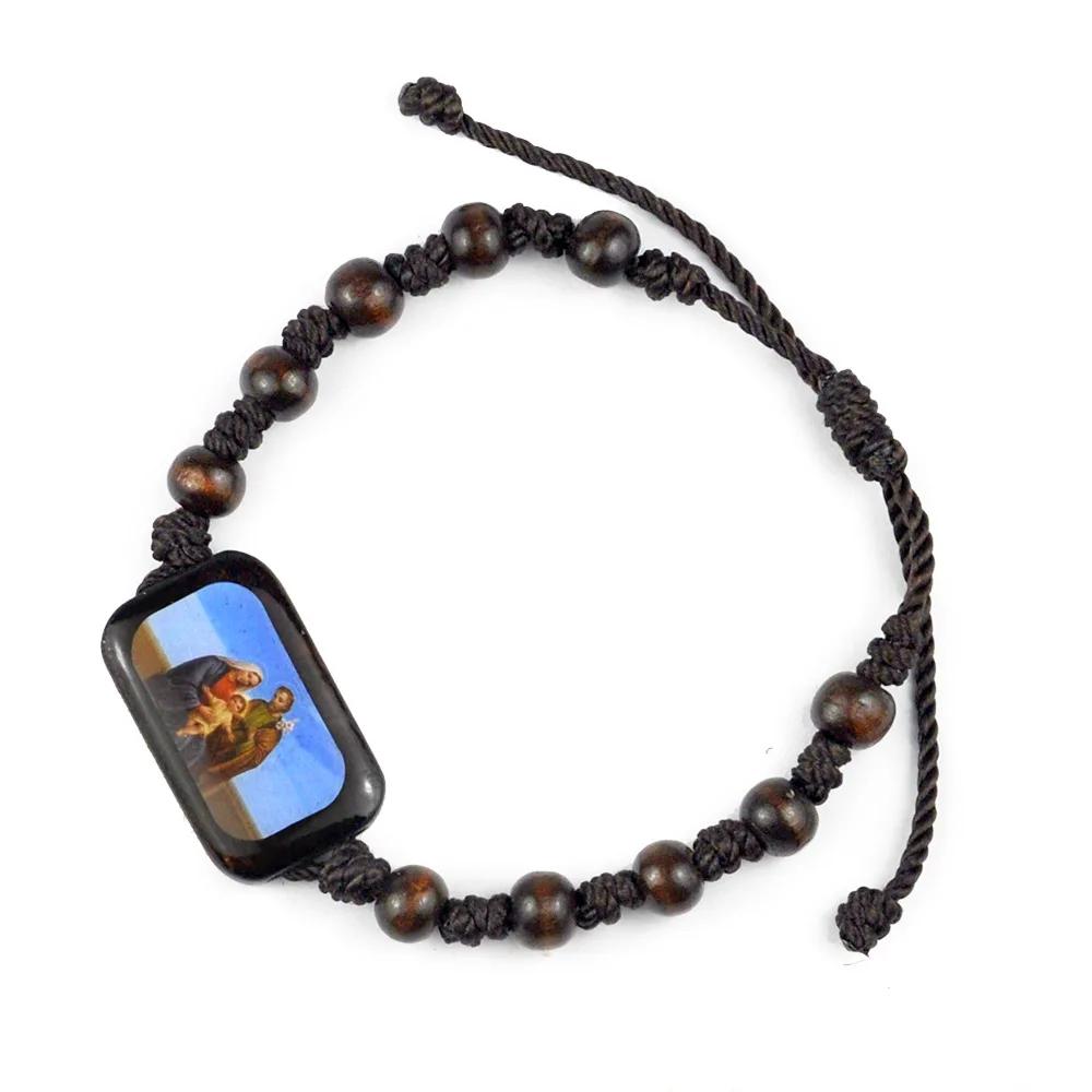 Religion Wood Rosary Bracelet For Men Square Colorful Jesus Virgin Mary Icons Charm Prayer Beads Chain Women Christian Jewelry
