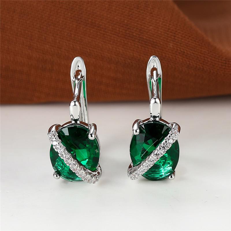 Cute Female Big Oval Stone Earrings Luxury Crystal Blue Purple Hoop Earrings Rose Gold Silver Color Wedding Earrings For Women