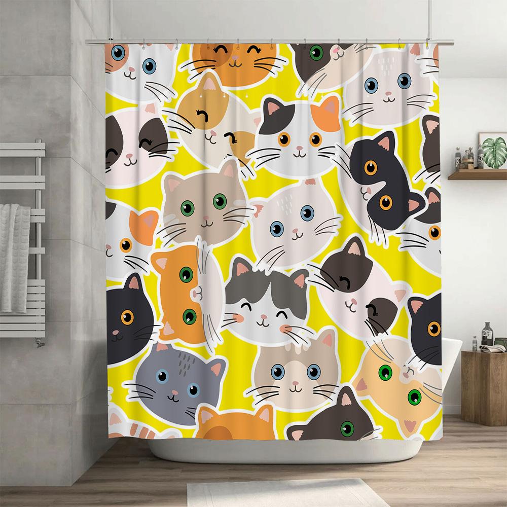 Bright Yellow Shower Curtain With Cat Design Polyester Fabric For Bathroom Decor Modern Home Decoration Gift Idea Multicolored W