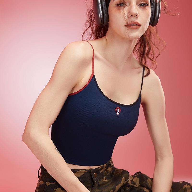 Spring New Women's Yoga Clothes Top Shoulder Strap Contrast Color Fixed Chest Pad Deep U Fashion Sling Breathable Fitness Sports Vest