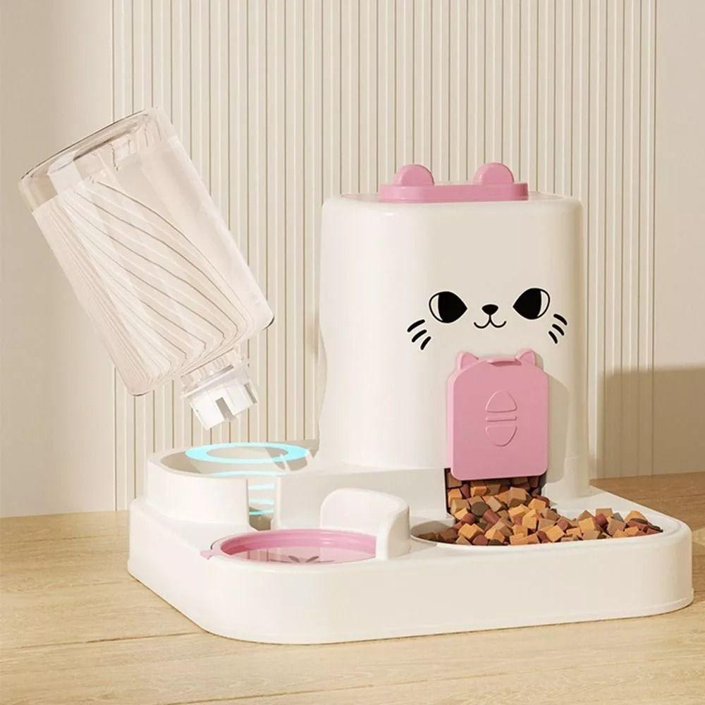 

2-in-1 Cartoon Automatic Pet Feeder Plastic Pet Food Storage Dispenser Pet Supplies рожевий