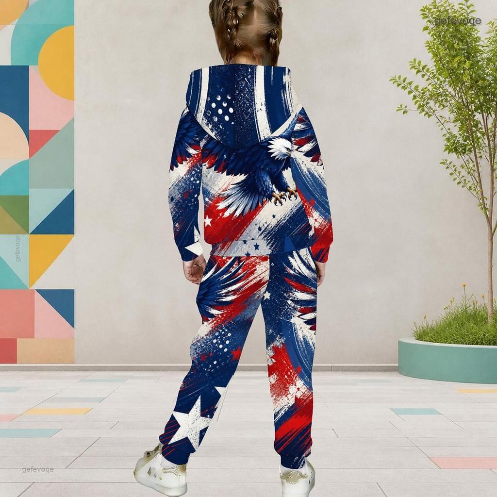 Girls Space Star Printed Hooded Long Sleeve Kangaroo Pocket Cuffed Pants Two Piece Set