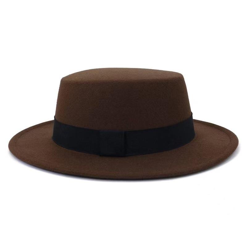 Autumn Winter Korean Version Flat-Top British Style Solid Color Top Hat Gentleman'S Jazz Hat Wide-Brimmed Flat-Brimmed Woolen Hats For Men And Women