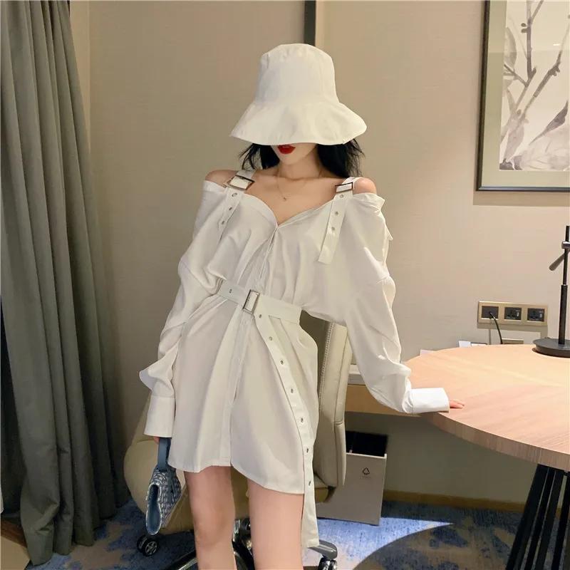 Rochie Gotică Neagră Cămașă Sexy Rochii Mini cu Curea Vară Punk Mânecă Lungă Bretea Umeri Goi Haine Femei Petrecere Vestidos