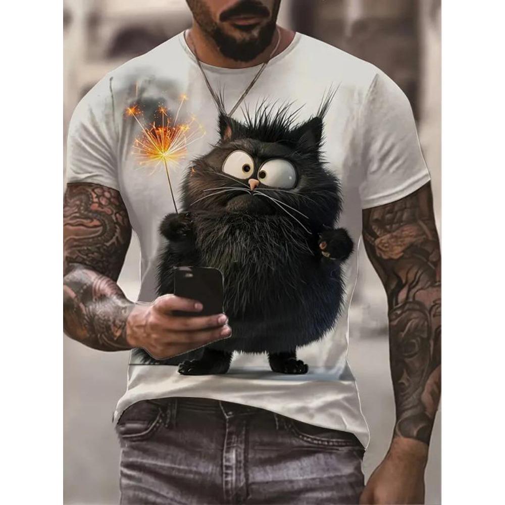 Men's Summer Casual Short Sleeved T-shirt with Realistic Cat Pattern Print