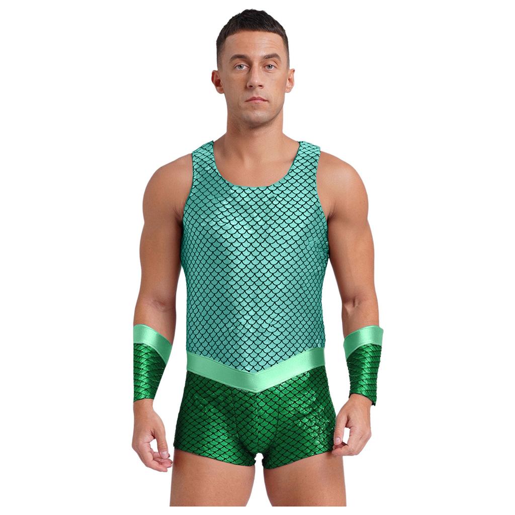 Men Sleeveless Fish Scales Print Bodysuit Sea King Sea God Halloween Cosplay Arm Sleeves Costume