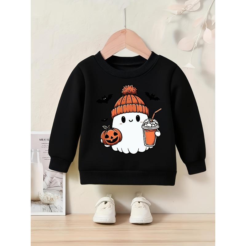 European Sizes Kids Halloween Ghost And Bat Print Long Sleeve Round Neck Sweatshirt, Casual Knit Top, Regular Length, All-Season Fashion Sweatshirt