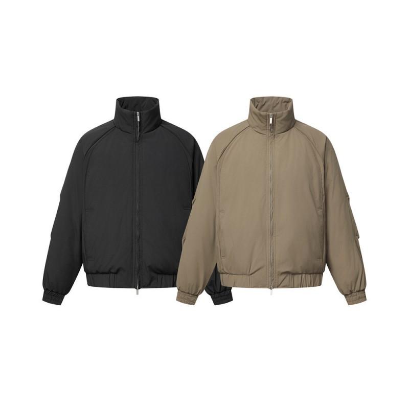 Mens Winter Streetwear Down Jacket Loose Fit Dual-Zip Stand Collar Solid Color 250-300g Filling