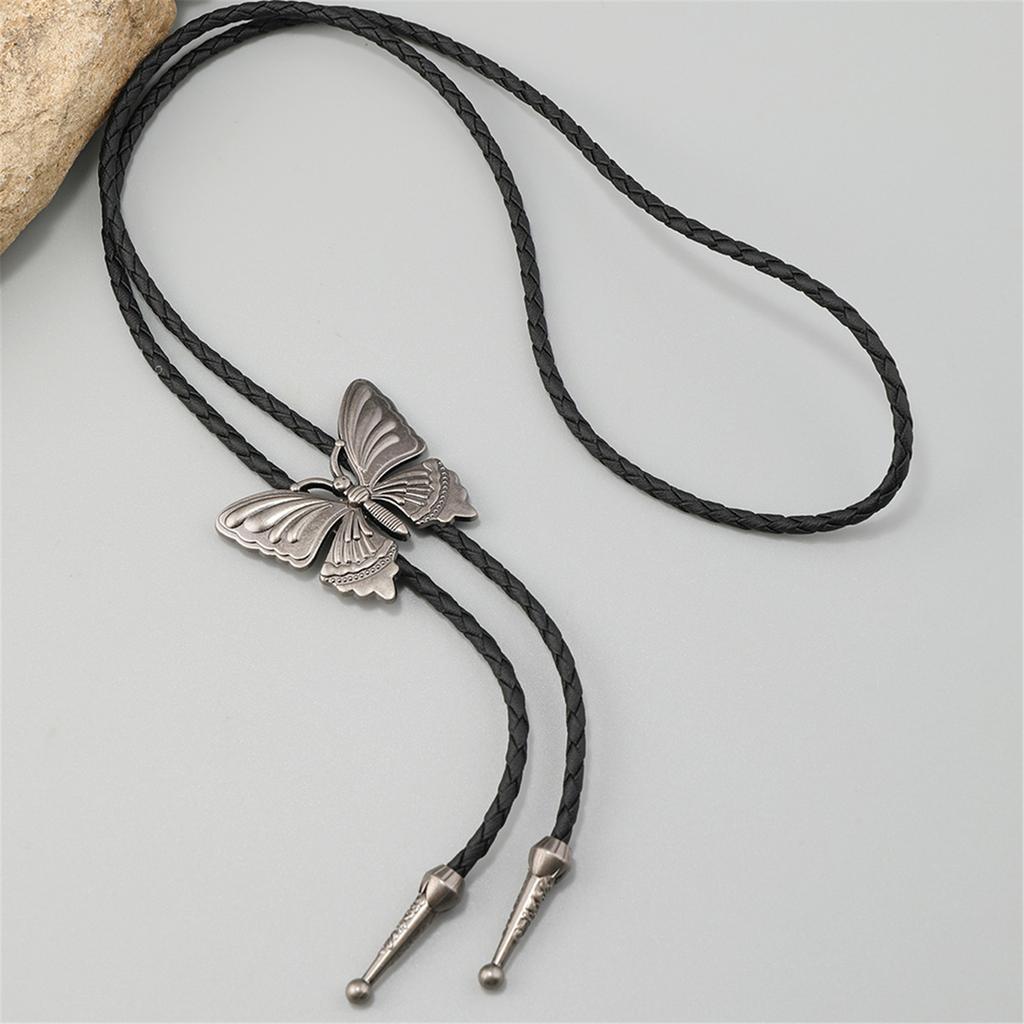 Vintage Adjustable Leather Cord Bolo Tie With Alloy Butterfly Pendant Jewelry Necklace For Western Fashion Enthusiasts