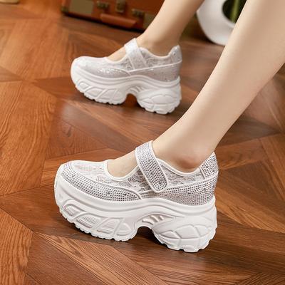 Mary Jane Shoes Women's 2025 Summer New Thick-soled Versatile Inner Height-increasing Women's Shoes Mesh Velcro Rhinestone White Shoes