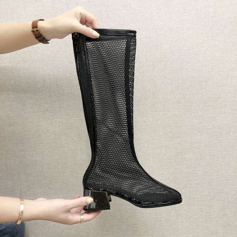 Women's Summer Boots Luxury Elegant Long Shoes For Women Trend 2024 Comfortable Mesh Black Heeled Outdoor Fashion High Boots