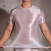 Men T-shirt Thin High Elasticity Round Neck Short Sleeves Slim Fit Good Breathability See-through Glossy Surface Top