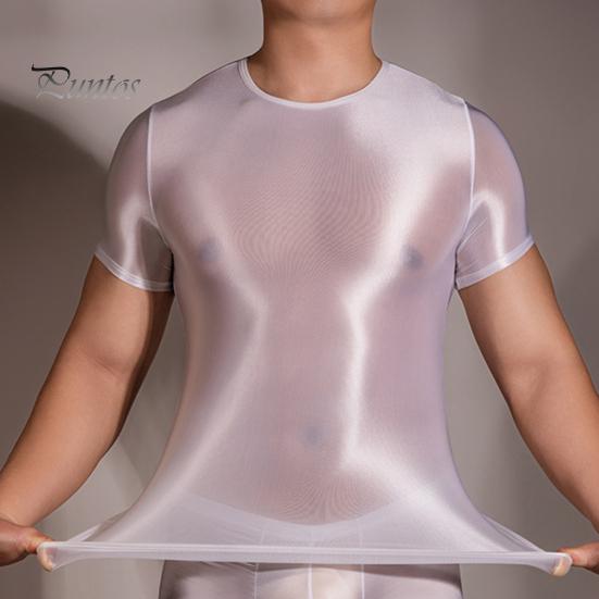 Men T-shirt Thin High Elasticity Round Neck Short Sleeves Slim Fit Good Breathability See-through Glossy Surface Top