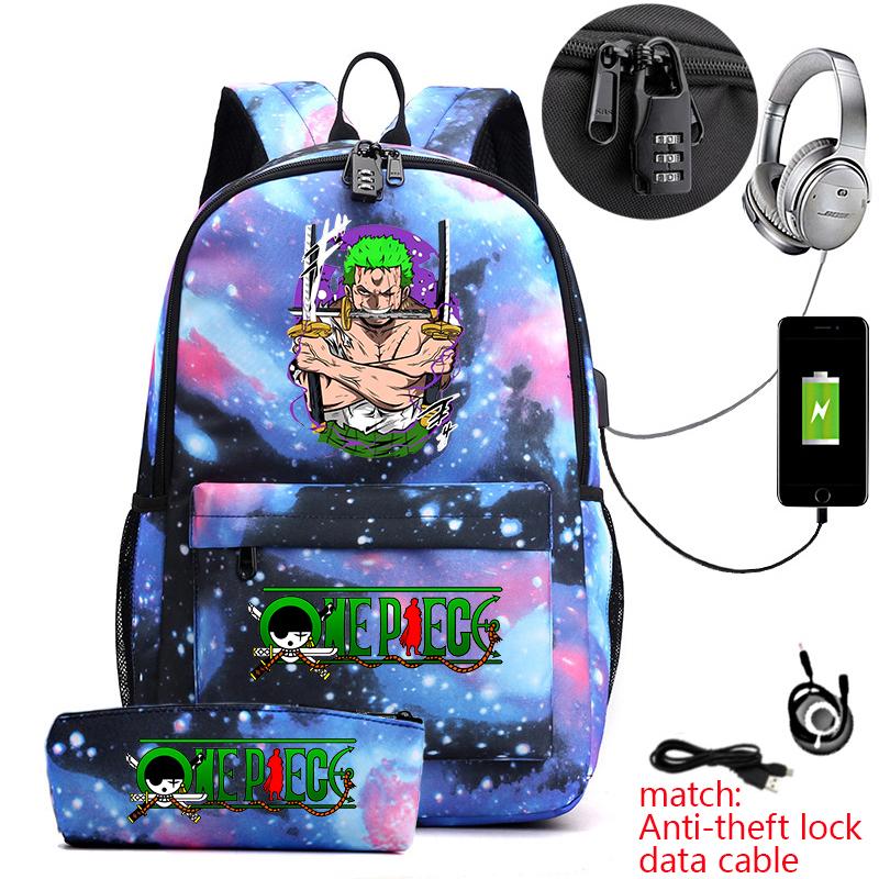 One Piece Zoro Print Anti Theft School Backpack Student Bookbag with Pen Case for Kids Teens