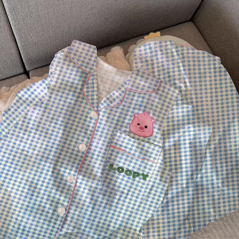 Ensemble de Pyjama Mignon à Carreaux pour Filles Printemps Automne Manches Longues Vêtements de Nuit Décontractés pour Femmes Ample Vêtements d'Intérieur