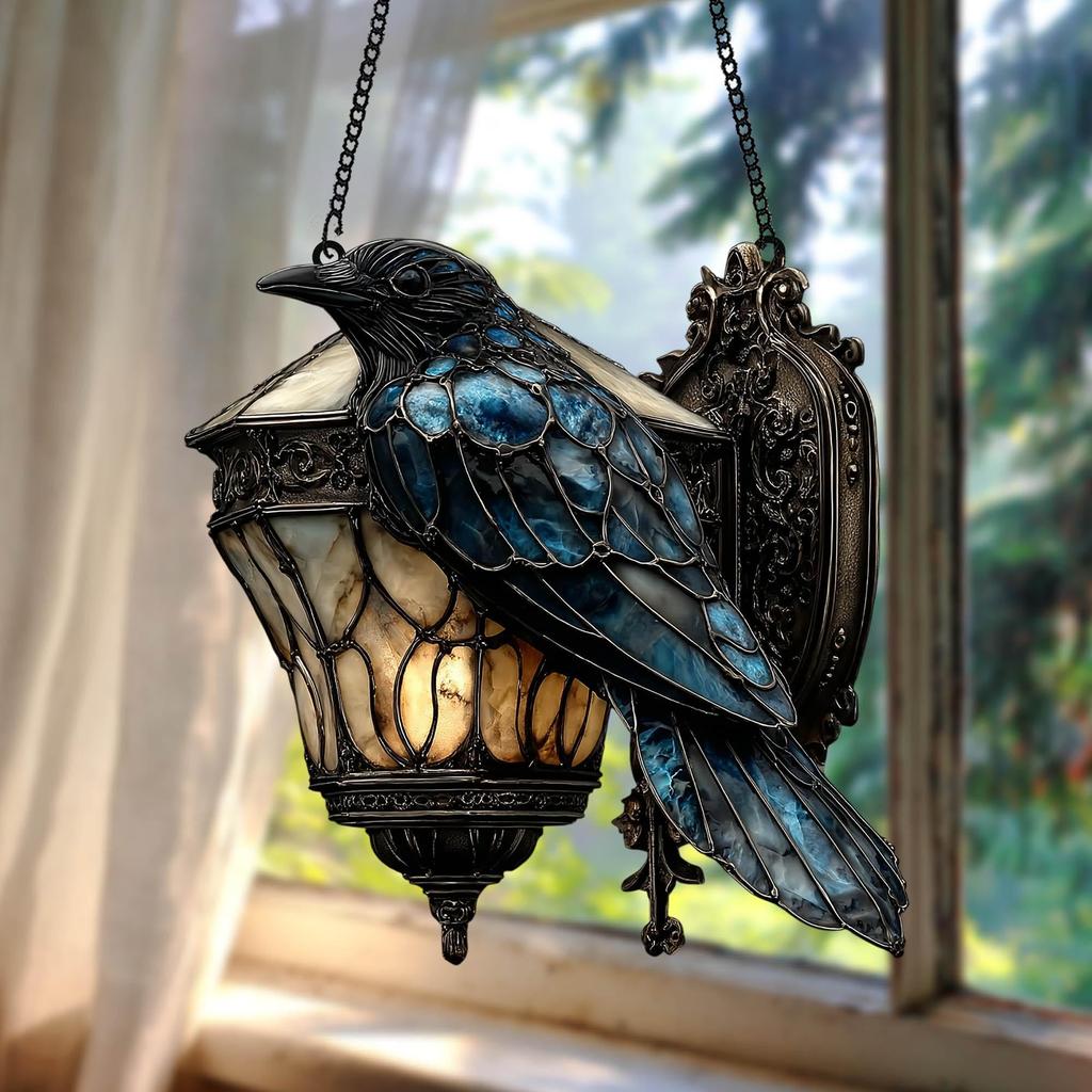 Gothic Raven Decor Decorative Acrylic Sun Catcher Faux Stained Glass Window Hanging Exquisite Halloween Crow Decor For Study