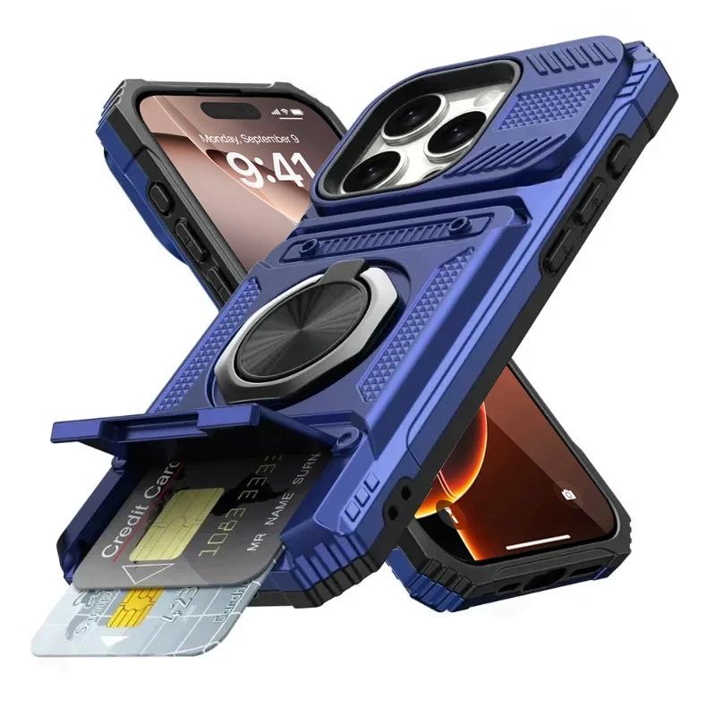 

Чехол для IPhone 17 16 15 14 13 Pro Max Plus 17 Air Магнитное Кольцо-подставка Поворотное Защита от падений Усиленный Кошелек Броня For iphone 17Promax синий