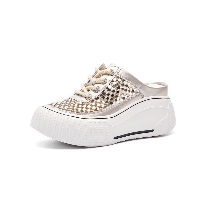 Summer rhinestone mesh breathable little white shoes women's popular mesh thick sole heightening muffin bottom casual half tray