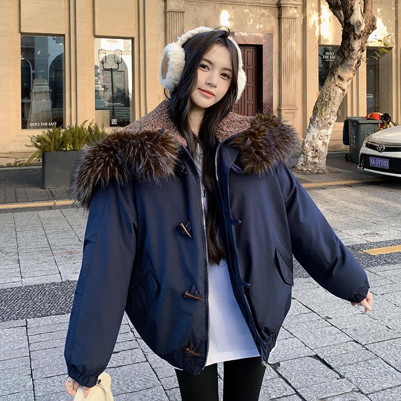 

Winter new down cotton-padded clothes women s retro horn buckle pie overcome thickened cotton-padded jacket S синий