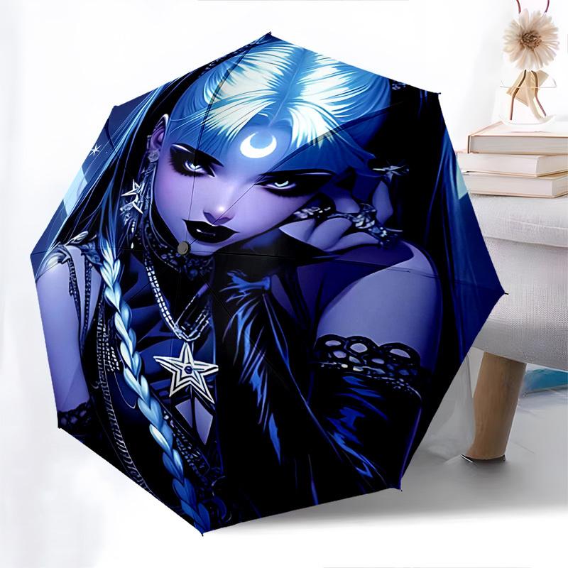 

1pc Starry Night Moon Phase Automatic Folding Umbrella, Portable 3-Fold Design with Star & Crescent Print, Ideal for Fans, Travelers, Everyday Use, an