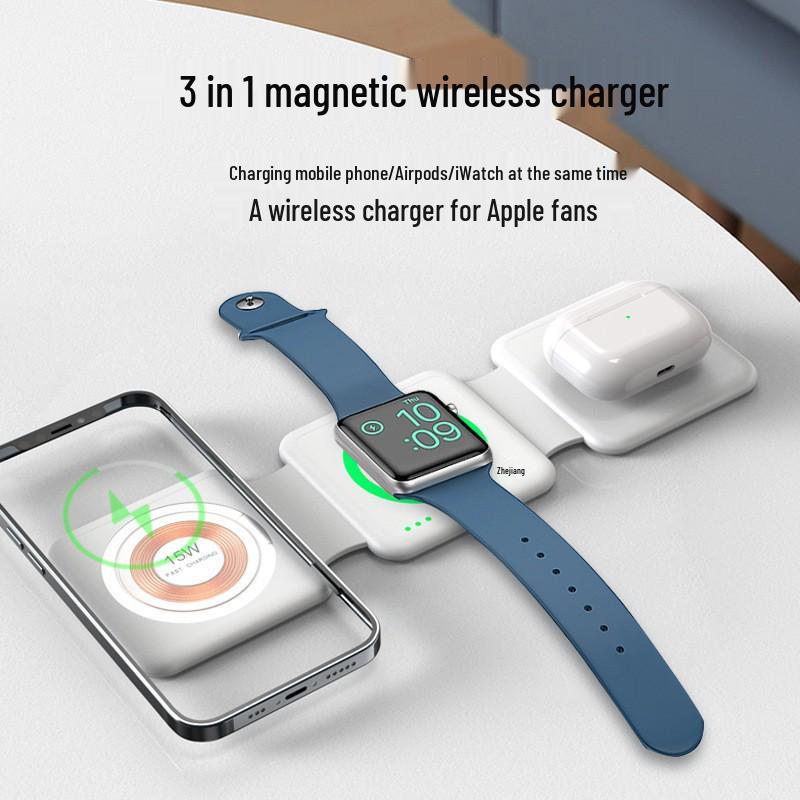 15W Magnetic Wireless Charger: Apple Fast Charging for Earphones, Watch, Phone with Folding Stand