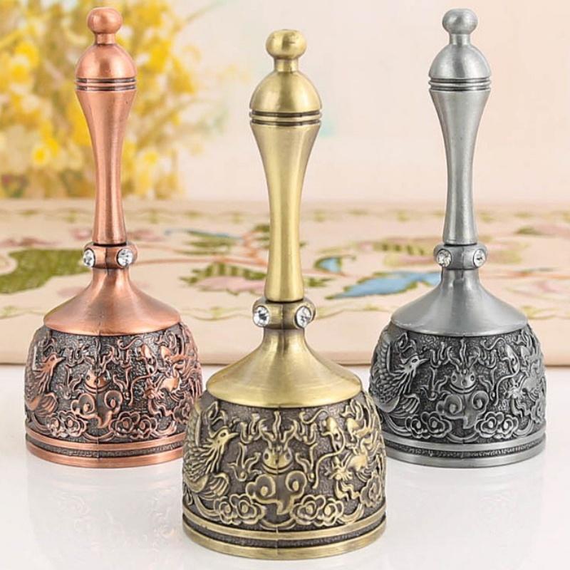 Hand Call Dinner Bell,Engraving Inlaid Gem Multi-Purpose Bells Craft Hand-Cranked Bell Alarm School Church Hotel Vintage Bell