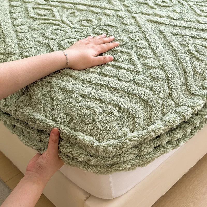 3D Ražba Sametový Přehoz na Postel Hrubý Teplý Plyšové Prostěradlo s Napínací Gumou Protiskluzový Elastický Potah Matrace Prodyšný, nehlučný potah matrace,