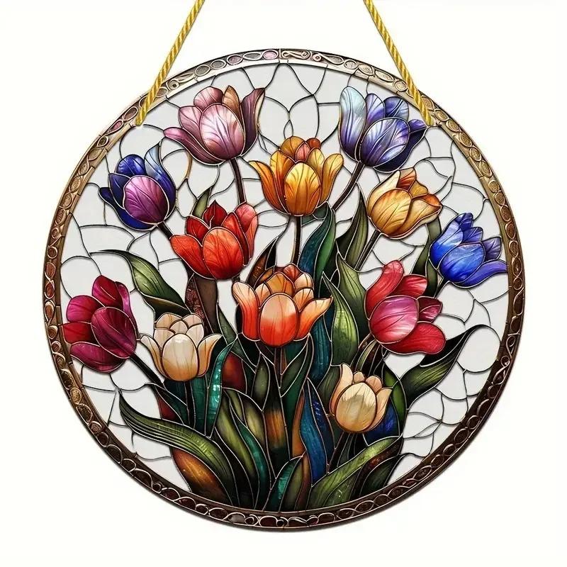 2D Flat Plants Flowers Round Acrylic Decoration Sign, Tulip, Home Decor Plaque Hanging Wall Art Decorative Garden Decoration for Room Door Signs Hangi
