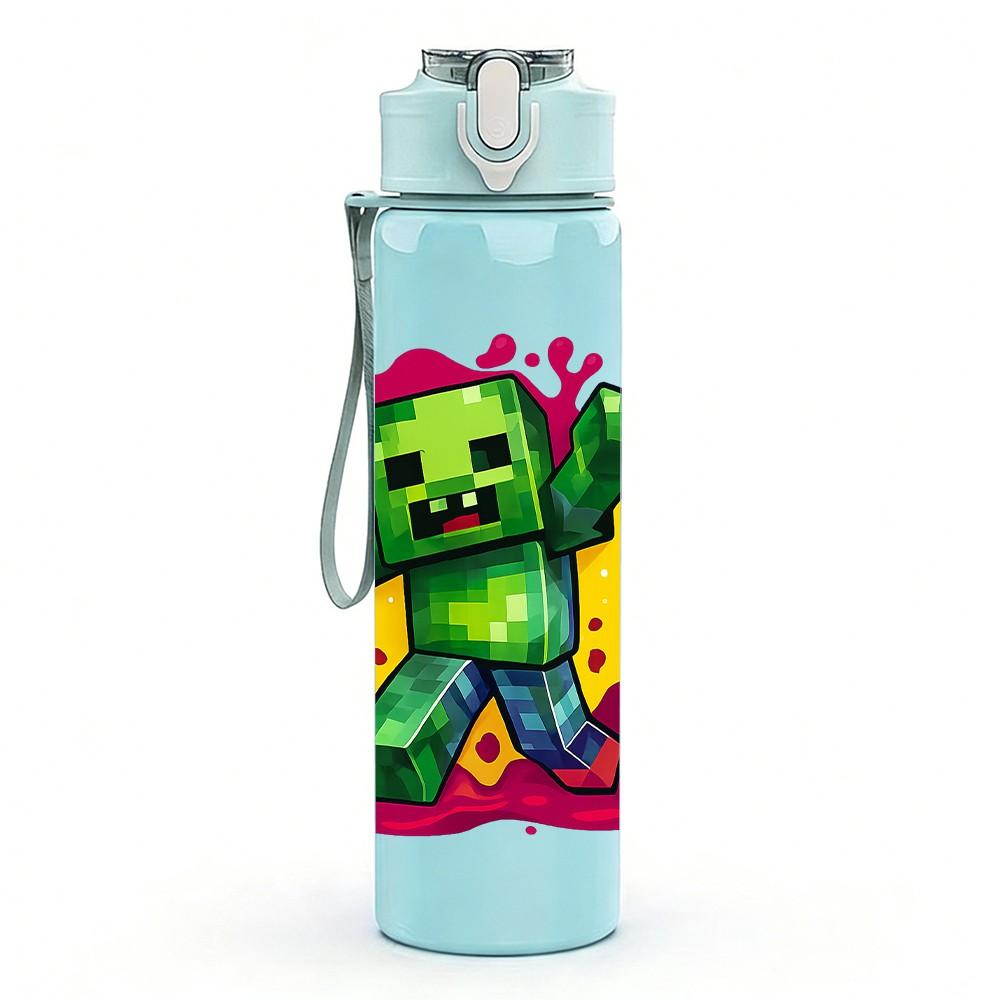 1PC Green Zombie Cartoon Print 750ml Color Plastic Sports Water Bottle Leakproof Flip Straw Lid Suitable for Sports Office Home Use